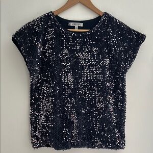 Navy Sequin Boxy cap Sleeve Top Fully Lined